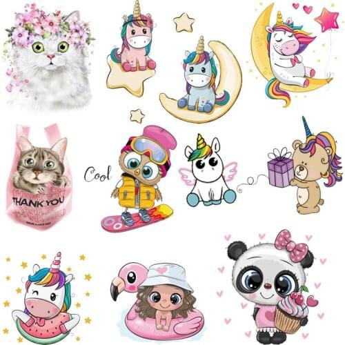 Lovely Animals Patch Iron on Transfer Unicorn/Cat Patches For Kids Clothing DIY T-shirt Appliques Heat Transfer Vinyl Stickers