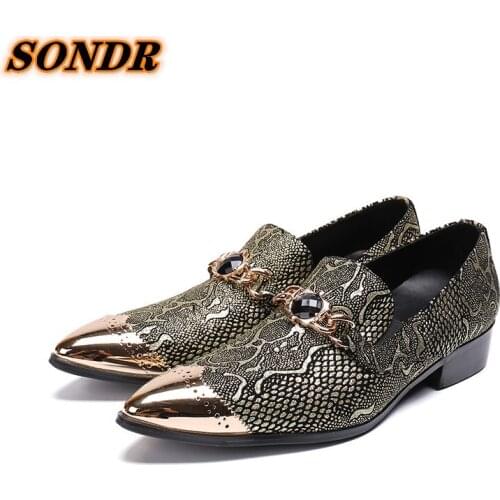 Gold Men Python Skin Shoes Iron Pointed Toe Genuine Leather Slip On For Men Dress Business Oxford Shoes Zapatos Hombre Vestir