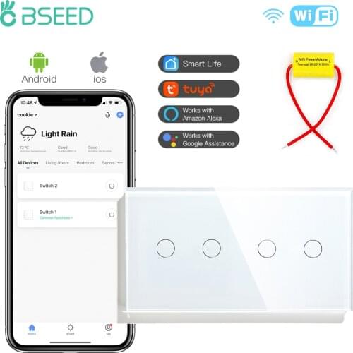 BSEED WIFI Double 2Gang Light Switches Smart Touch Sensor Wall Switch Google Alexa Smart Life App Control Switch Singlive Wire