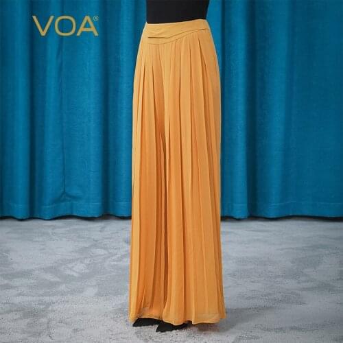 VOA Silk Georgette Natural Waist Three-dimensional Decorative Fold Pocket Invisible Zipper Khaki Wide-leg Pants Women KE388
