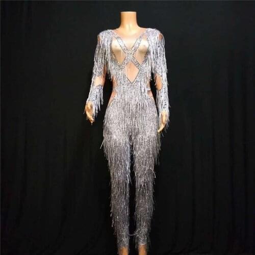 X32 Grey tassel female sexy bodysuit Rhinestone printed jumpsuit elastic outfits host wears party singer show outfits dress club