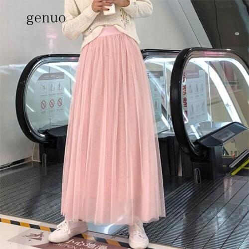 98cm Maxi Tulle Skirt Women Fahion 2020 Spring Summer Ankle Length High Waist Pleated Long Mesh Skirt Female Pink Gray