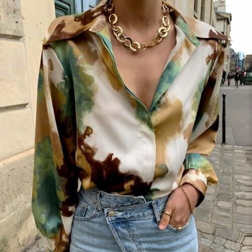 Womens shirt 2021 new lapel single-breasted fashionable ink printing loose casual long-sleeved shirt top