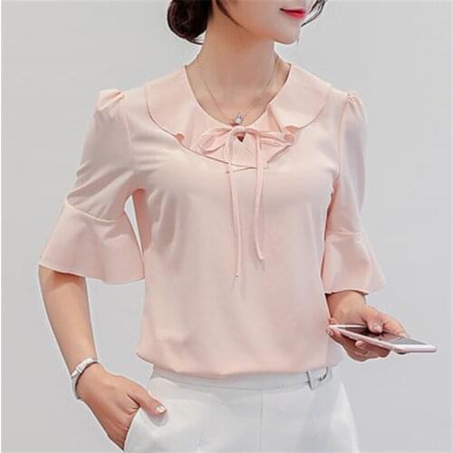 Women Summer Tops 2018 Plus Size Short Sleeves Ruffled Feminine Blouses Loose Fashion Chiffon Blouse For Women Office Shirt 3837