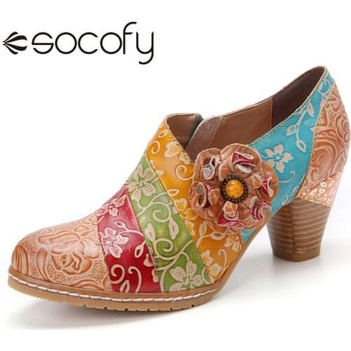 SOCOFY Womens Retro Style Leather Pumps Beaded Floral Splicing Zipper Block Heel Casual Dress Party Shoes Botas Mujer 2020