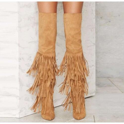 Women Tight High Boots White Tassel Winter Boots Black Red Over The Knee Fringe Shoes Party High Heels