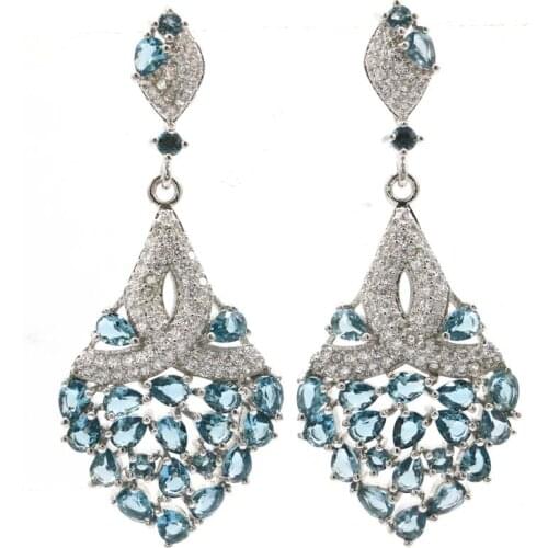 25x18mm Jewelry Set Created Rich Blue Aquamarine Natural CZ Ladies Wedding Silver Earrings
