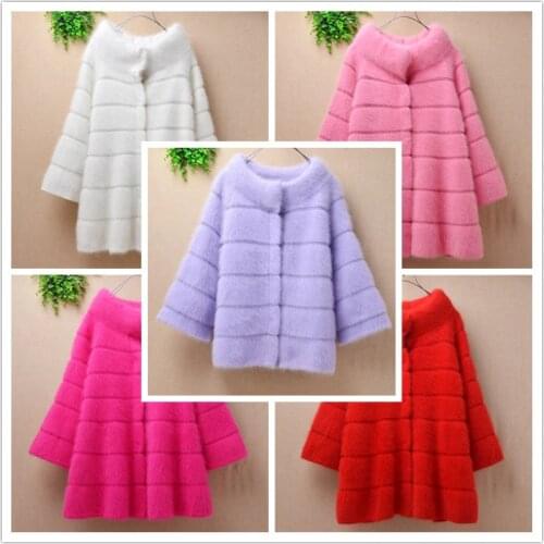 Ladies women elegant winter fashion loose mink cashmere cardigan long flare sleeve angora rabbit fur knitted sweater coat jacket