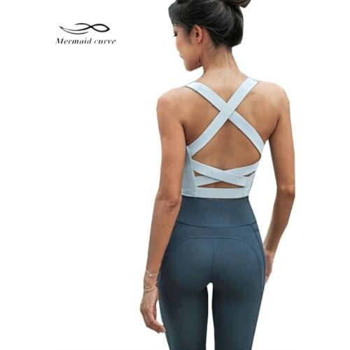 Mermaid Curve New High Strength Shockproof Sports Bra Women Sexy Back Cross Hollow Out Fitness Outdoor Running Jogger Bra Vest