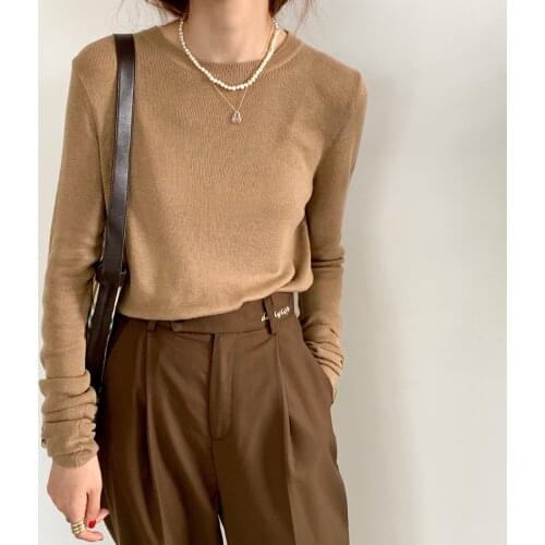 Crew Neck Knitted Tops With Rounded Hem Women Plain Knit Layering Sweater Slim Fitted