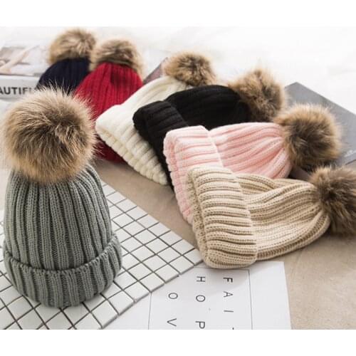 Winter Knitted Warm Thick Skullies Women Fashion Pom Poms for Hats Autumn Hip hop Beanies Basic Cap PJ117