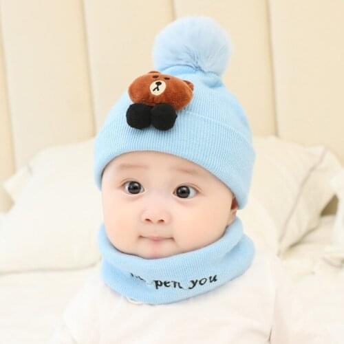 2 Pcs Baby Hat Newborn Cute Warm Winter Autumn Knitted Wool Cap+Scarf Keep Warm Set Soft Cotton Beanies for 0-24 Months Baby
