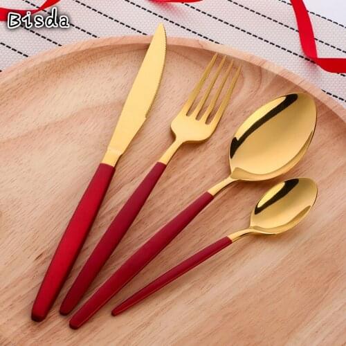 4 Pcs/Set Elegant China Red Table Gold Cutlery Set Stainless Steel Dinnerware Flatware Knife Fork Spoon Set Kitchen Utensils