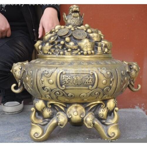 Bi001302 18" Chinese brass Wealth Coin Elephants Beast lucky statue incense burner Censer