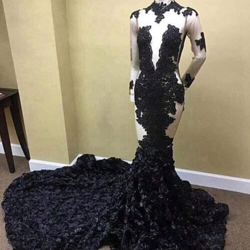 Black Plus Size Prom Dresses 2019 Mermaid Long Sleeves Lace Appliques Evening Gowns Rose Flowers Party Dresses DP0484