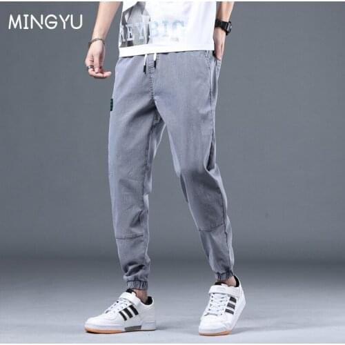 Spring Summer Denim Casual Jeans Men Harem Pants Black Grey Green Pants Cotton Brand Lace Tie feet Trousers Male 28-38