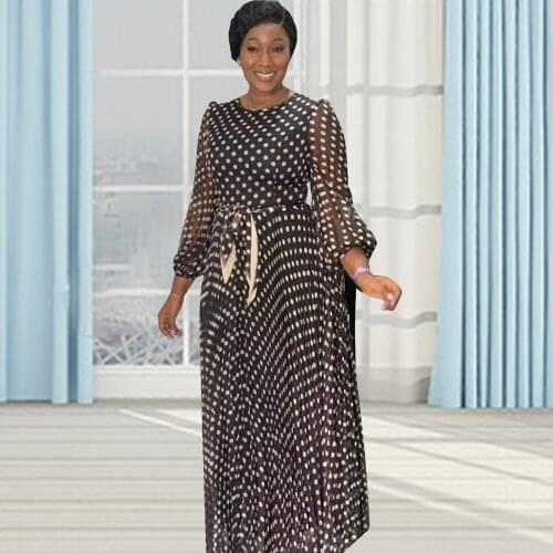 Dot Print Elegant African Autumn Dresses For Women O-collar Lantern Sleeve High Waist Ladies Dress Soft America Style Clothes