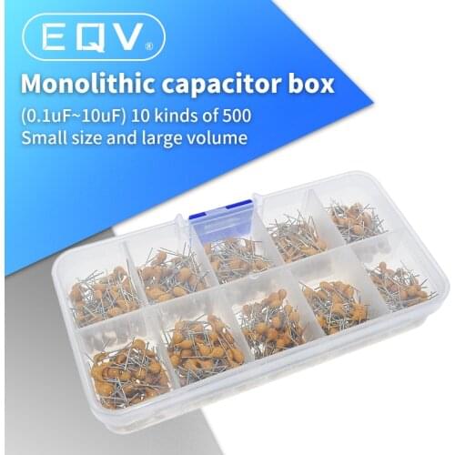 EQV 500pcs/lot 10Values*50pcs 0.1uF-10uF(104~106) 50V Multilayer Ceramic Capacitors Assorted Kit Assortment Set with Storage Box