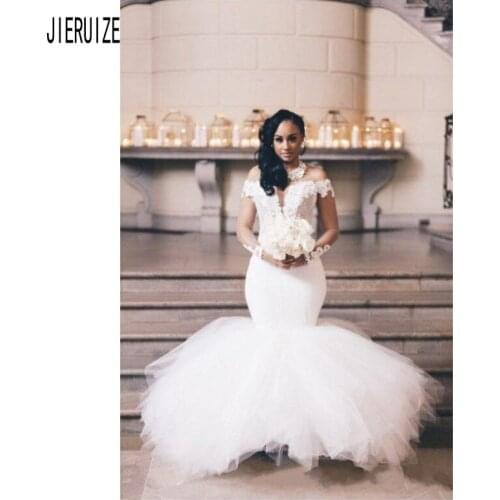 JIERUIZE Latest Sleeveless Mermaid Wedding Dress Off Shoulder Applique Button Back Robe De Mariee Plus Size African Bridal Gown