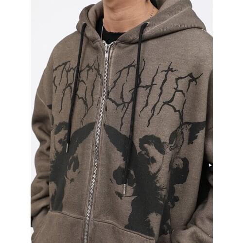 ZZSYKD Winter Zipper Jacket Outwear Women Streetwear Hip Hop Hooded Jackets Y2k Harajuku Angel Dark Print Jacket Coats Cotton