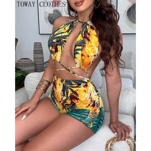 Summer Plant Print Halter Plant Print Cut Out Backless Suit Set Holiday Casual Look for Women Set