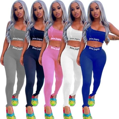 Fashion Letter Print Casual Two Peice Set Women Asymmetrical Crop Top Pencil Pants Jogging Tracksuit Workout Streerwear Outfits