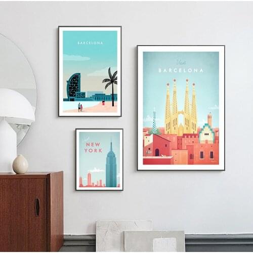 Cartoon Travel Poster HD Prints Wall Pictures Barcelona Posters Nordic Canvas Print Painting Art Aisle Living Room Unique Decor