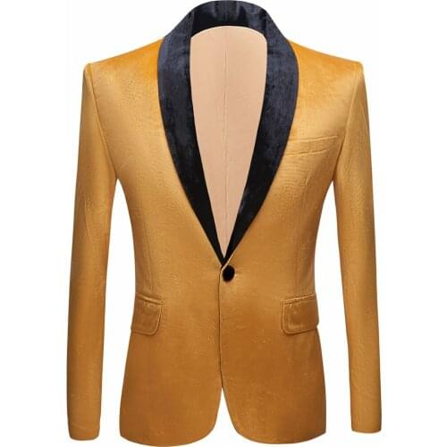 Men Classic Shawl Lapel Yellow Velvet Suit Jacket Blazer Coat Wedding Groom Stage Singers Prom Slim Fit Blazers Men Clothing