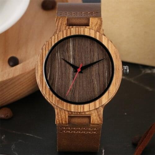 Brown/Black/Green Wood Stripes Pattern Dial Men Watch Genuine Leather Band Quartz Wristwatch Natural Stylish Male Wooden Watches