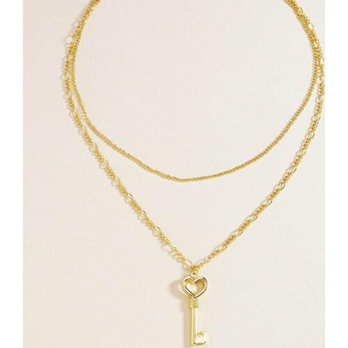 Ins 2020 New Gold Chain Double Layers Heart Lock Key Pendant Choker Necklace Korean Fashion Chic Party Jewelry
