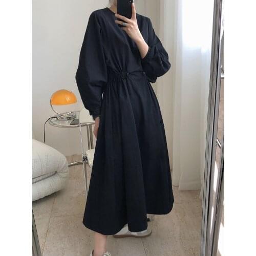 2020 New Autumn Women Vintage Loose High Waist Slim Was Thin Elegant Round Neck Pleated Design Maxi Dress