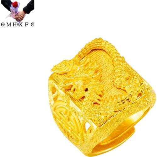OMHXFC Wholesale RI303 European Fashion Fine Man Male Party Birthday Wedding Gift Oval Square Dragon 24KT Gold Resizable Ring