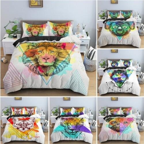 Polygon Cartoon Animal Pattern Duvet Cover Bedclothes Watercolor Print Background Bedding Set King Queen Single Size 2/3Pcs