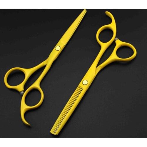 Professional Japan 440c 9cr13 yellow Piano paint 5.5 inch hair scissors set thinning shears cutting barber hairdressing scissors