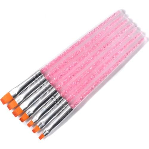7pcs/set Pink Rhinestone Nail Art Brush Pen Crystal Metal French Style Acrylic Gel Polish Painting Drawing Salon Manicure Tool