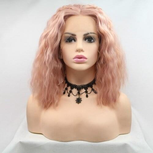 Sylvia Rose Gold Pink Hair Deep Wave Wigs Pink Synthetic Lace Front Wigs Heat Resistant Fiber Short Bob Wigs For Girls Wig