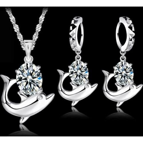 Shinning Cubic Zirconia Hot Selling Cute Dolphin Pure 925 Sterling Silver Jewelry Sets Elegant Anniversary Gift For Women
