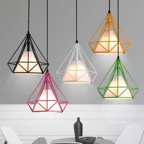 Modern Iron Cage Pendant Lights Colourful Loft Hanglamp Diamond Birdcage Shape LED Industrial Style Kitchen Living Room Bedroom