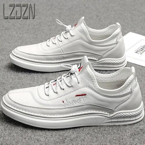 Travel Summer Trendy Mens Shoes All-Match No Laces British Mens Casual Leather Shoes White Pure Leather Cowhide Soft Sole