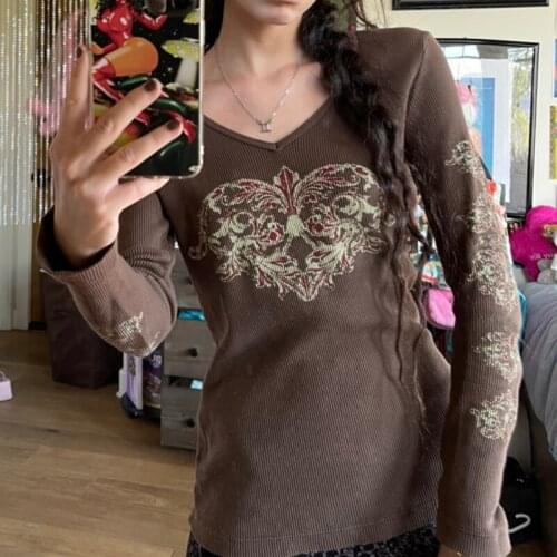 Brown Heart Graphic Print T-shirt 90s Vintage Fairy Grunge Autumn Long Sleeve Skinny Crop Top Y2K Women Tees Shirt Clothes