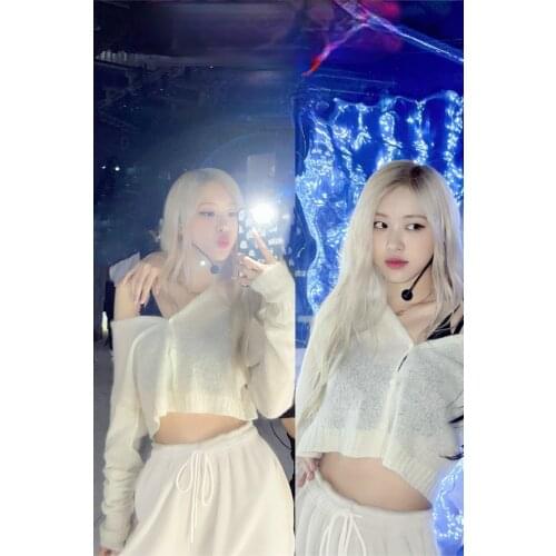 Kpop Rose Dance Show Sexy Knit V-neck Sweaters Black Sling Vest Tops+White Casual Drawstring Sweatpants Sports Pants Women Sets