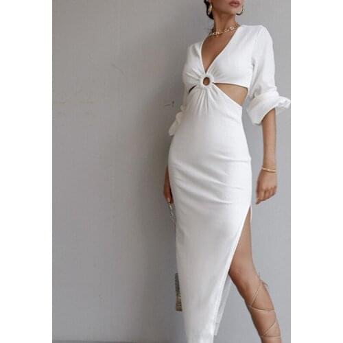 Autumn Spring Party OL Split Vestidos Women Solid White Black Long Sleeve Deep V Neck Hollow Bodycon Dress Ladies Sexy Clubwear