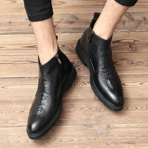 Winter Fleece Lining Warm Mens Genuine Leather Chelsea Boots British Pointed Toe Zipper Thick Bottom Male High Top Ankle Boots