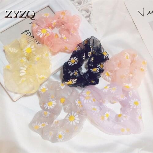 ZYZQ Summer Fresh Large Intestine Hair Ring Net Yarn Small Daisy Hair Rope Girl Cute Ponytail Hair Rope Hair Accessories