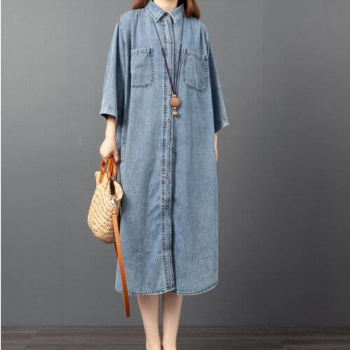#2468 Spring Autumn Button Front Shirt Dress Women Lapel Collar Asymmetrical Shirt Dress Loose Vintage Midi Denim Dress Female