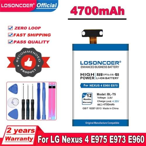 LOSONCOER BL-T5 4600mAh BL T5 BLT5 Battery for LG Nexus 4 Battery E975 E973 E960 F180 LS970 Optimus G E970 Battery Nexus4
