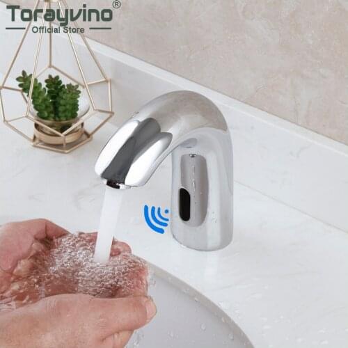Torayvino Automatic Touch Free Sensor Bathroom Faucets Basin Sink Solid Brass Chrome Polished Faucet Deck Mounted Water Tap
