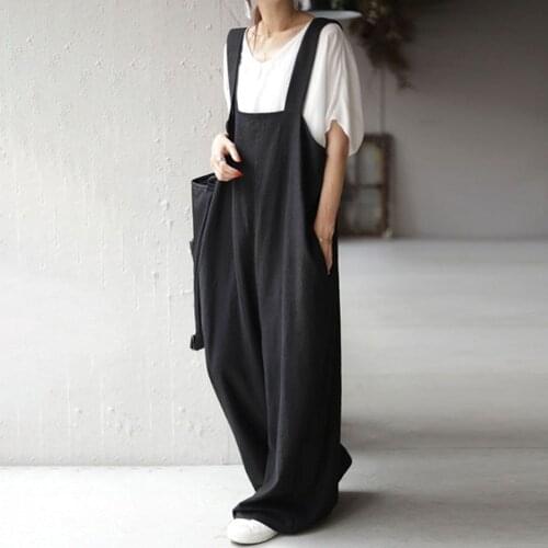 One Piece Women Jumpsuit OL Commuter Trousers Plain Pockets Ladies Fashion Loose All-in-one Female Casual Suspenders Wide Pants