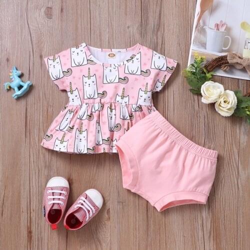 2021 Baby Sets Baby Girl Clothes Cotton 2 Pcs Sets Cartoon Cat Print Short Sleeve Tops+solid Briefs Baby Clothes Summer 0-18M