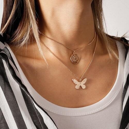 2 Layers Chain Choker Necklace Butterfly Pendant Statement Necklace For Women Girls Jewelry Gifts Collares Bijoux Femme